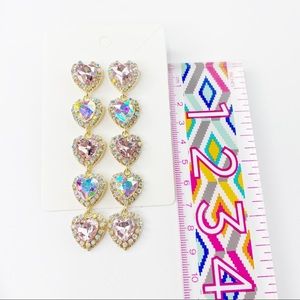 I Love Pink Long Crystal Hearts Gold Drop Earrings